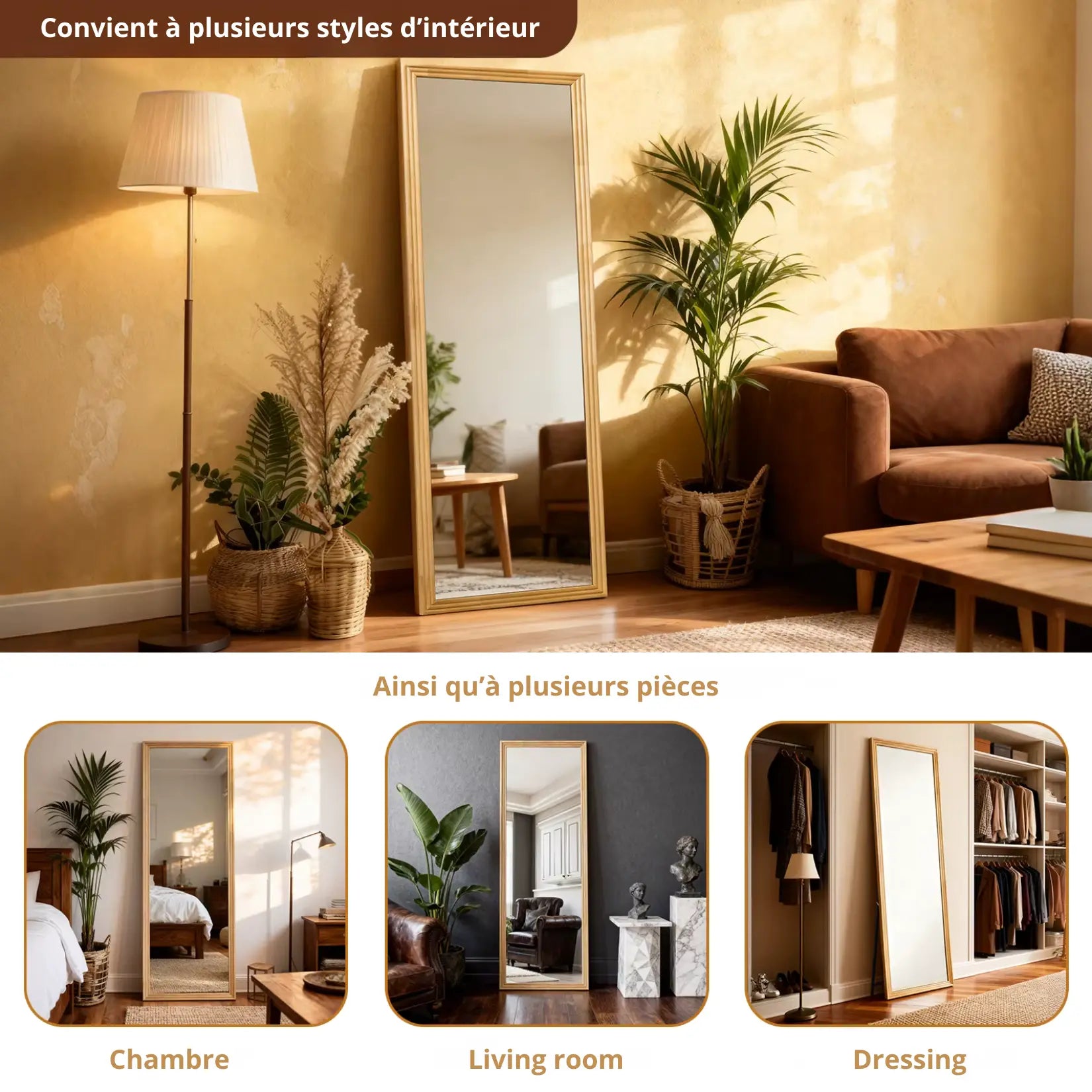 Miroir sur pied bois installé dans chambre, salon et dressing.