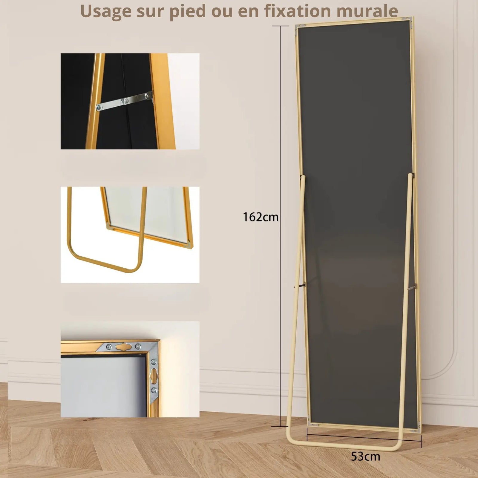 Miroir sur pied doré présenté avec ses dimensions 162x53 cm et options de fixation murale.