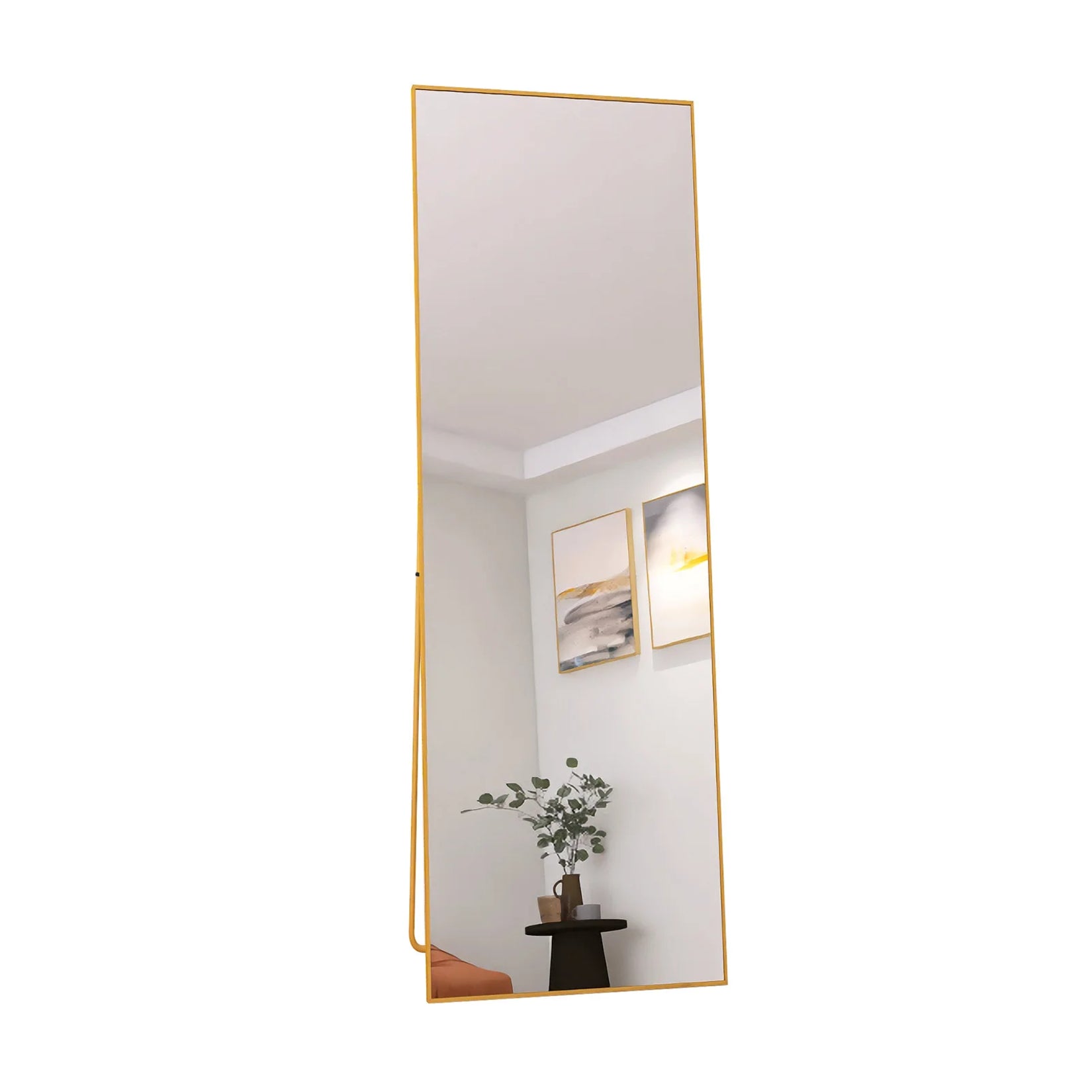 Miroir sur pied doré présenté seul, en position libre sans fixation apparente.