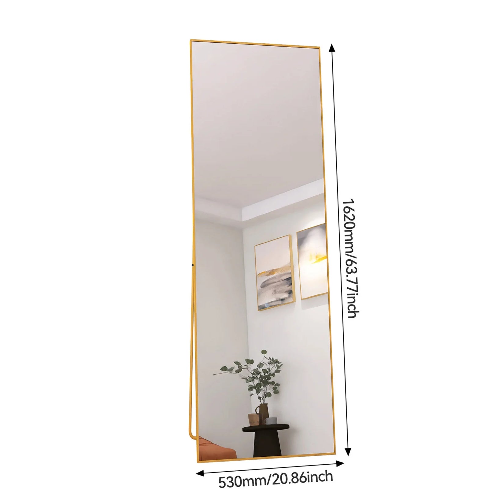 Dimensions du miroir sur pied doré affichées : 1620 mm de haut et 530 mm de large.