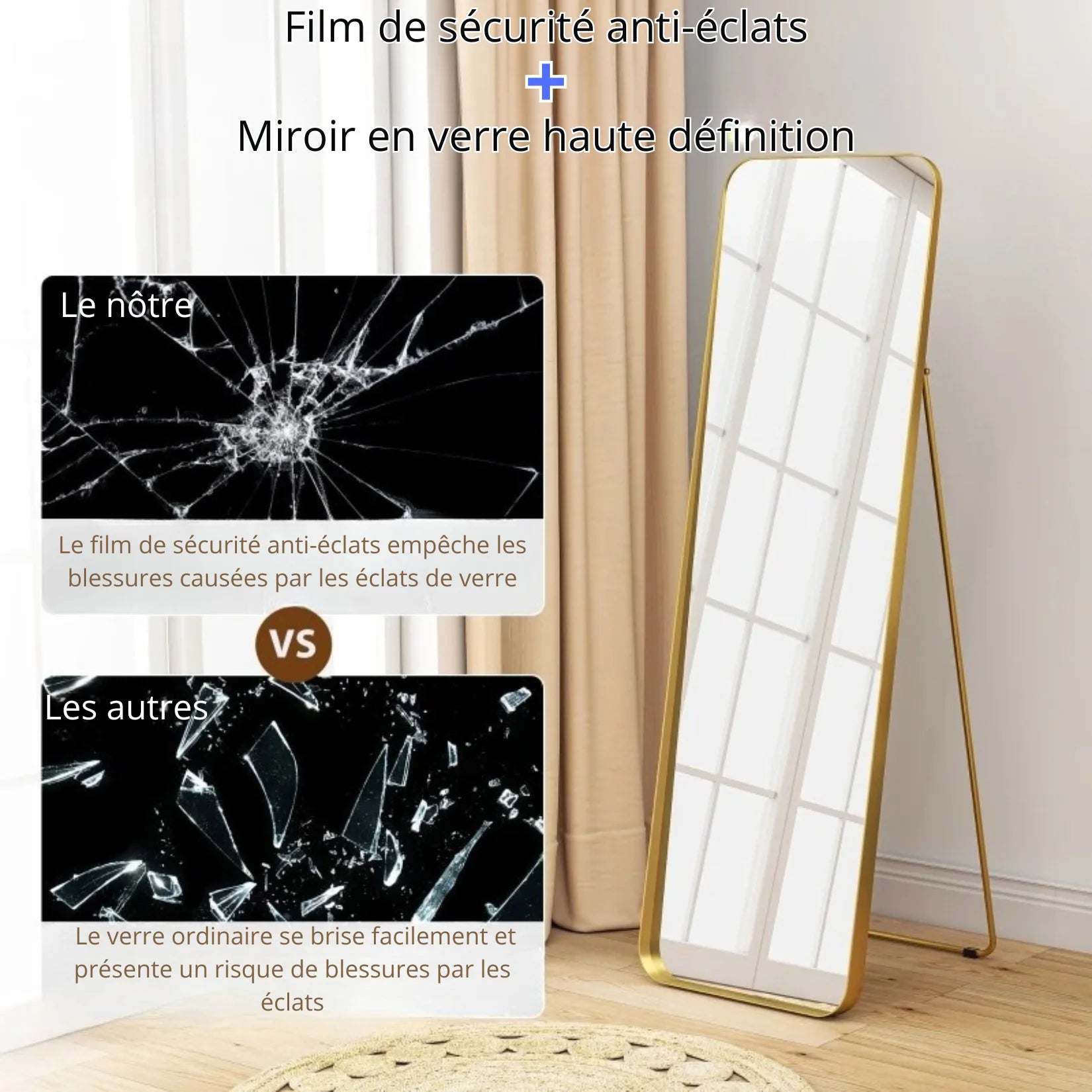 Miroir Sur Pied Doré Verre Anti-Éclats Sécurité.