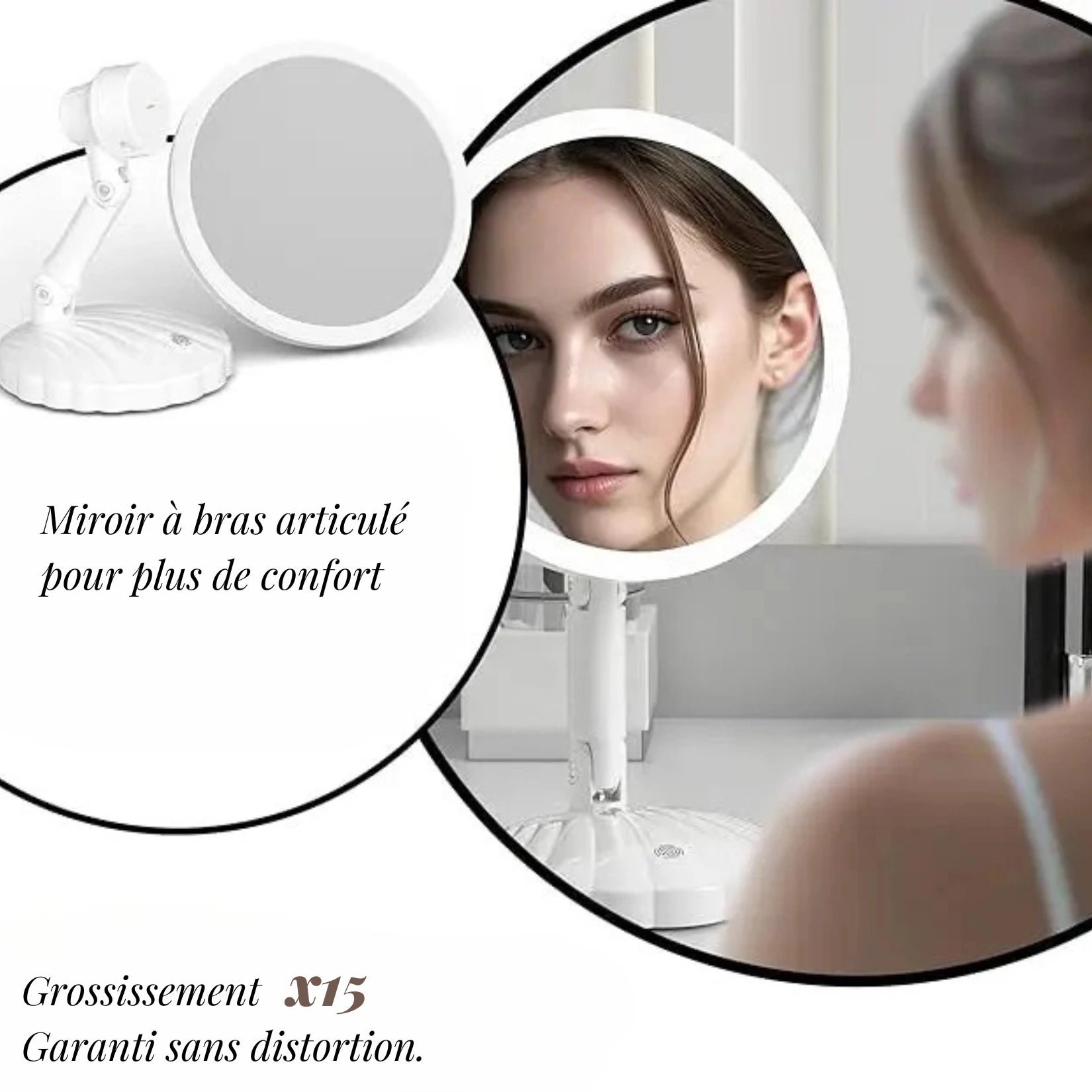 Miroir sur pied grossissant 15x sans distorsion et bras articulé.