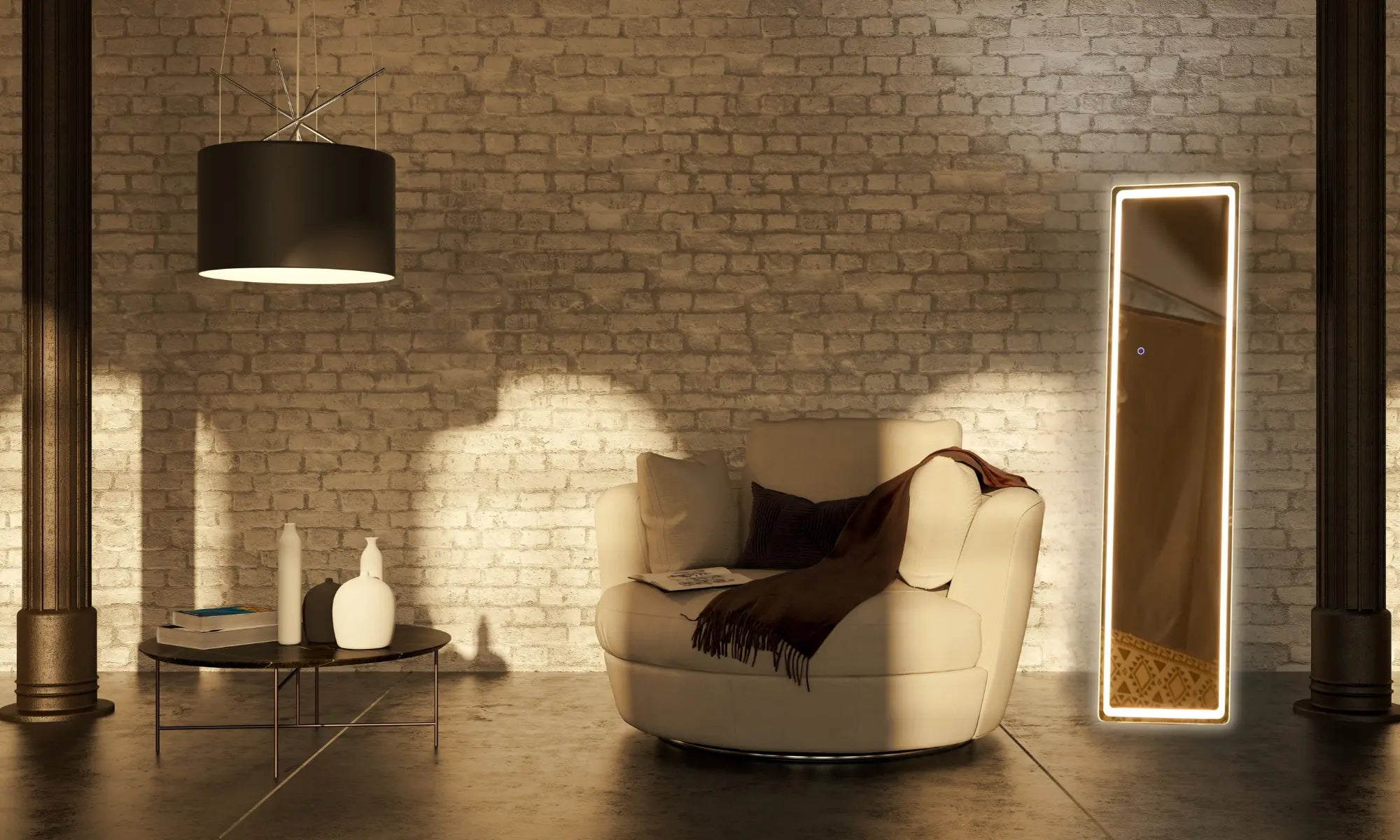 Transformation d’un salon industriel avec l’ajout d’un miroir sur pied LED, remplaçant un luminaire et apportant lumière douce et verticalité.