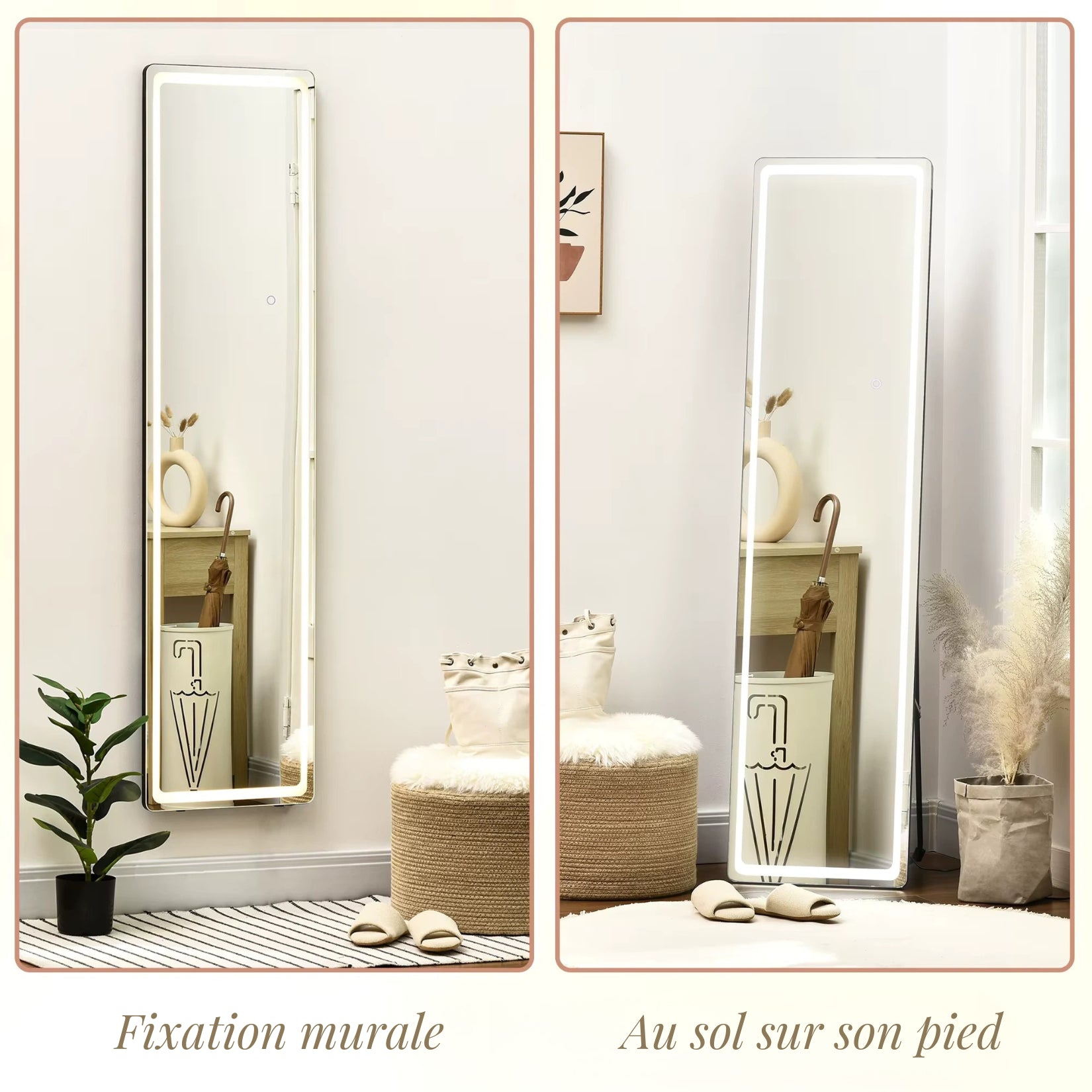 Miroir sur pied lumineux pouvant être fixé au mur ou utilisé sur pied.
