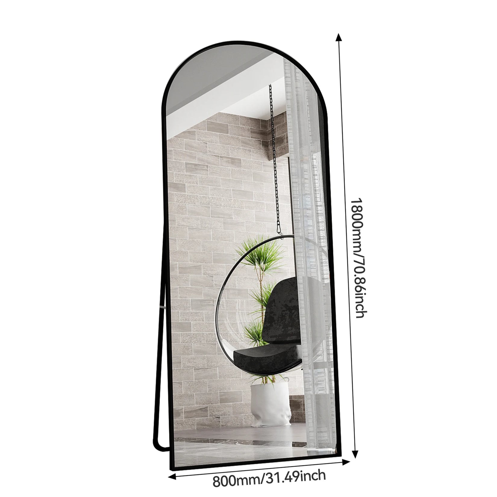 Dimensions du miroir noir sur pied XXL affichées avec mesures précises.