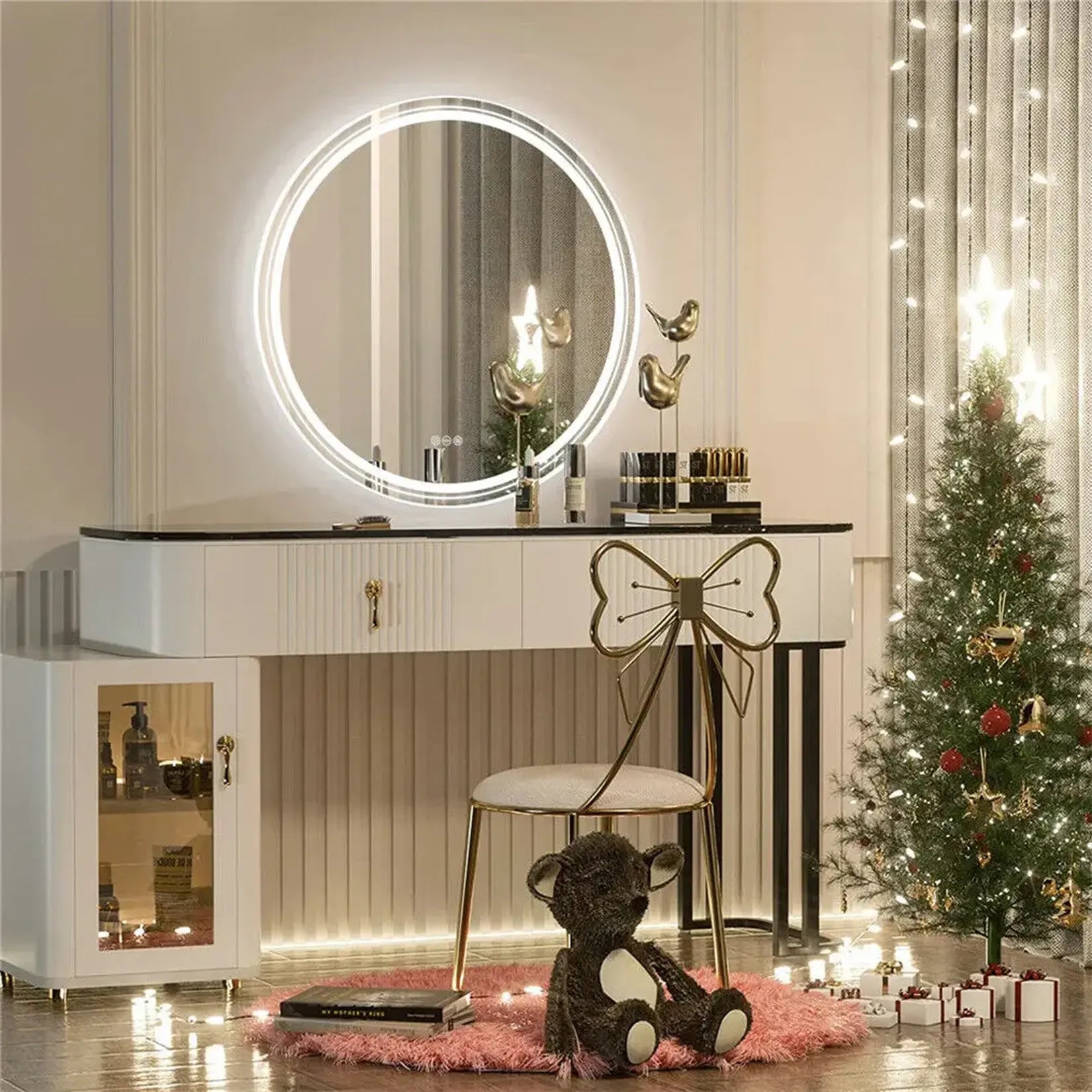 Miroir LED rond suspendu au-dessus d'une coiffeuse blanche – ambiance lumineuse.