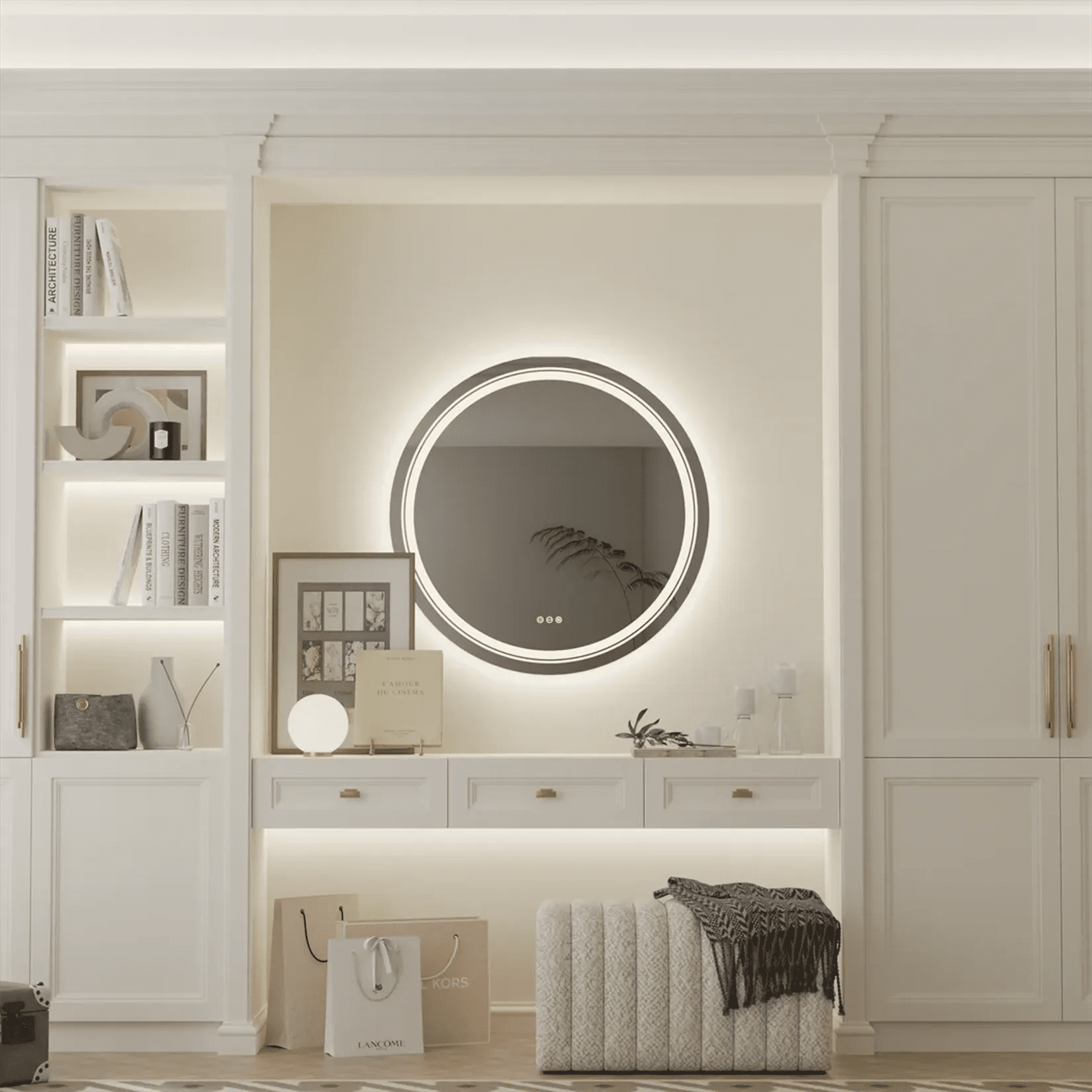 Miroir suspendu salle de bain LED 80 cm au-dessus d'une coiffeuse blanche.