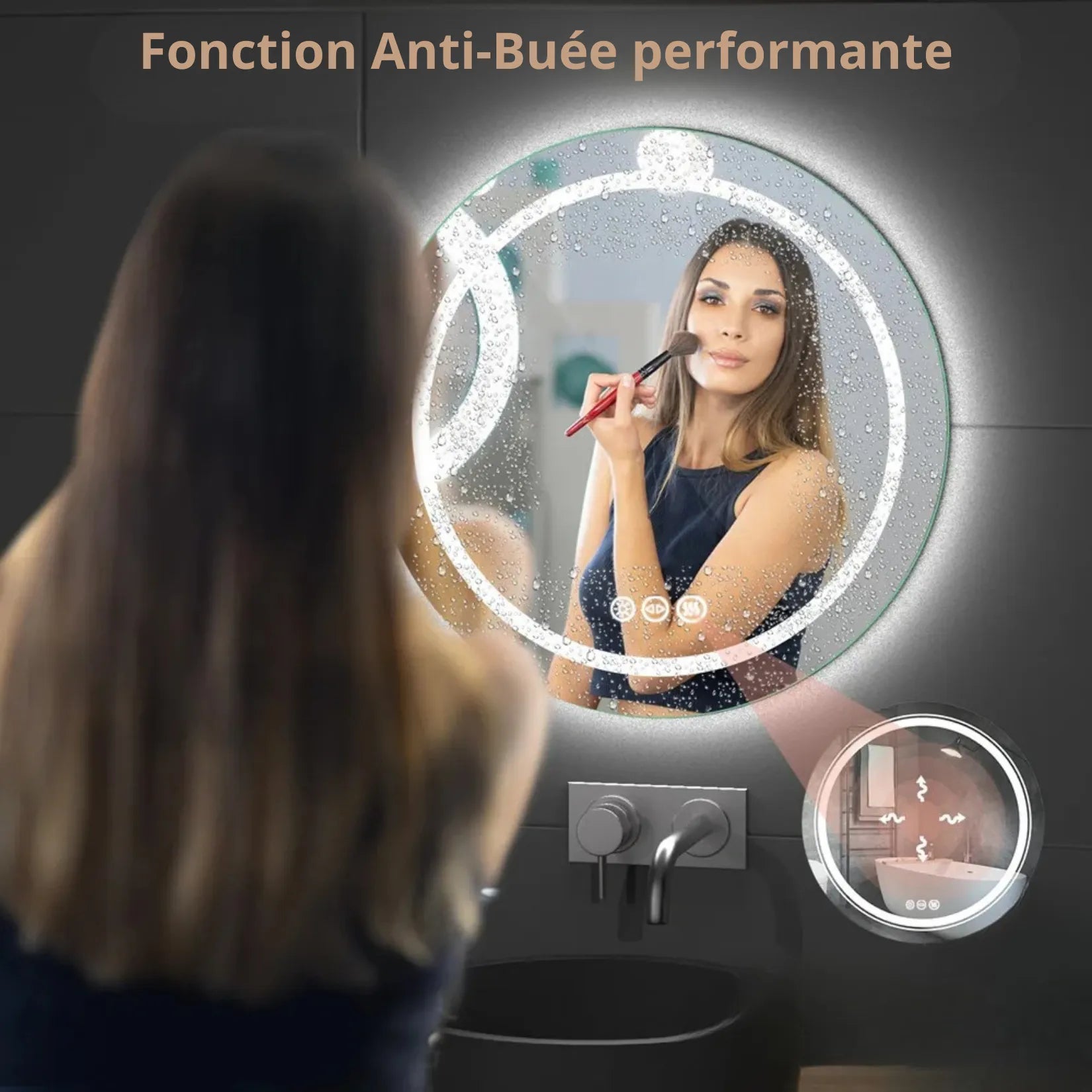 Miroir suspendu salle de bain LED rond anti-buée – démonstration fonction anti-buée.