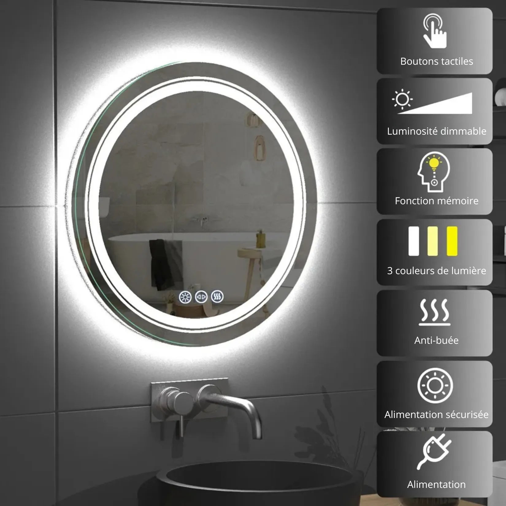 Fonctions du miroir suspendu salle de bain LED : tactile, dimmable, mémoire, anti-buée.