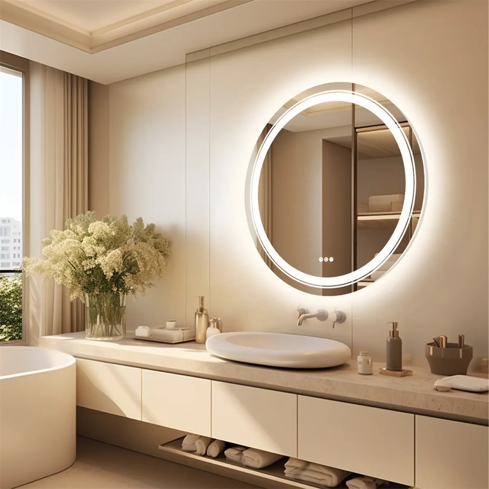 Miroir suspendu salle de bain LED rétroéclairé au-dessus d'une vasque dans salle beige.