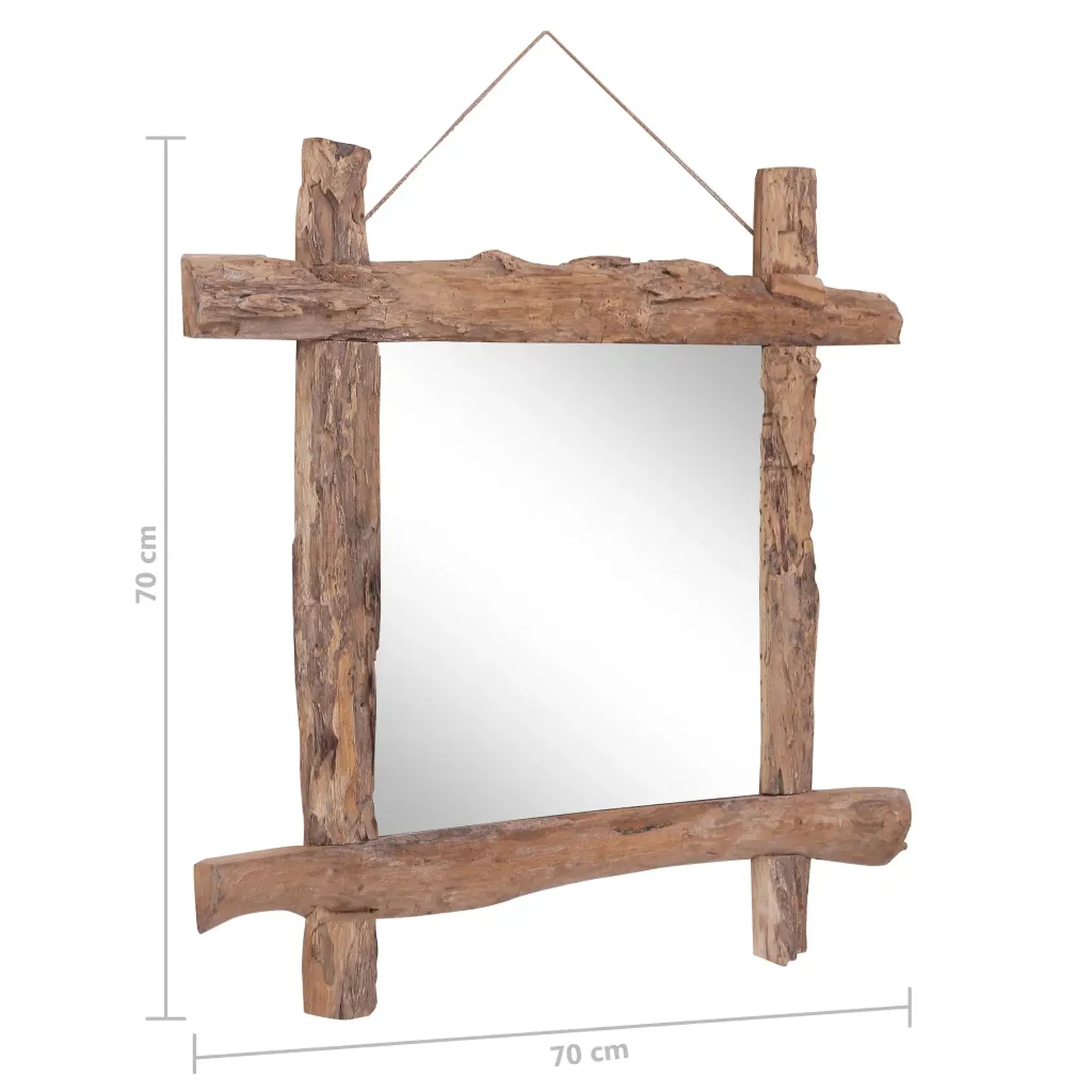 Miroir Teck Recyclé 70x70 cm cadre bois brut dimensions schéma technique.