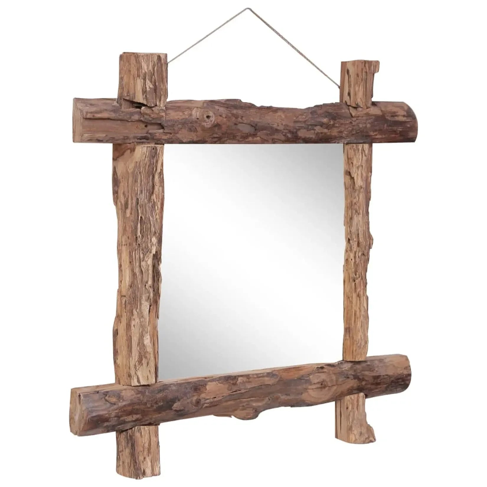 Miroir Teck Recyclé cadre troncs bois brut style rustique vue de face.