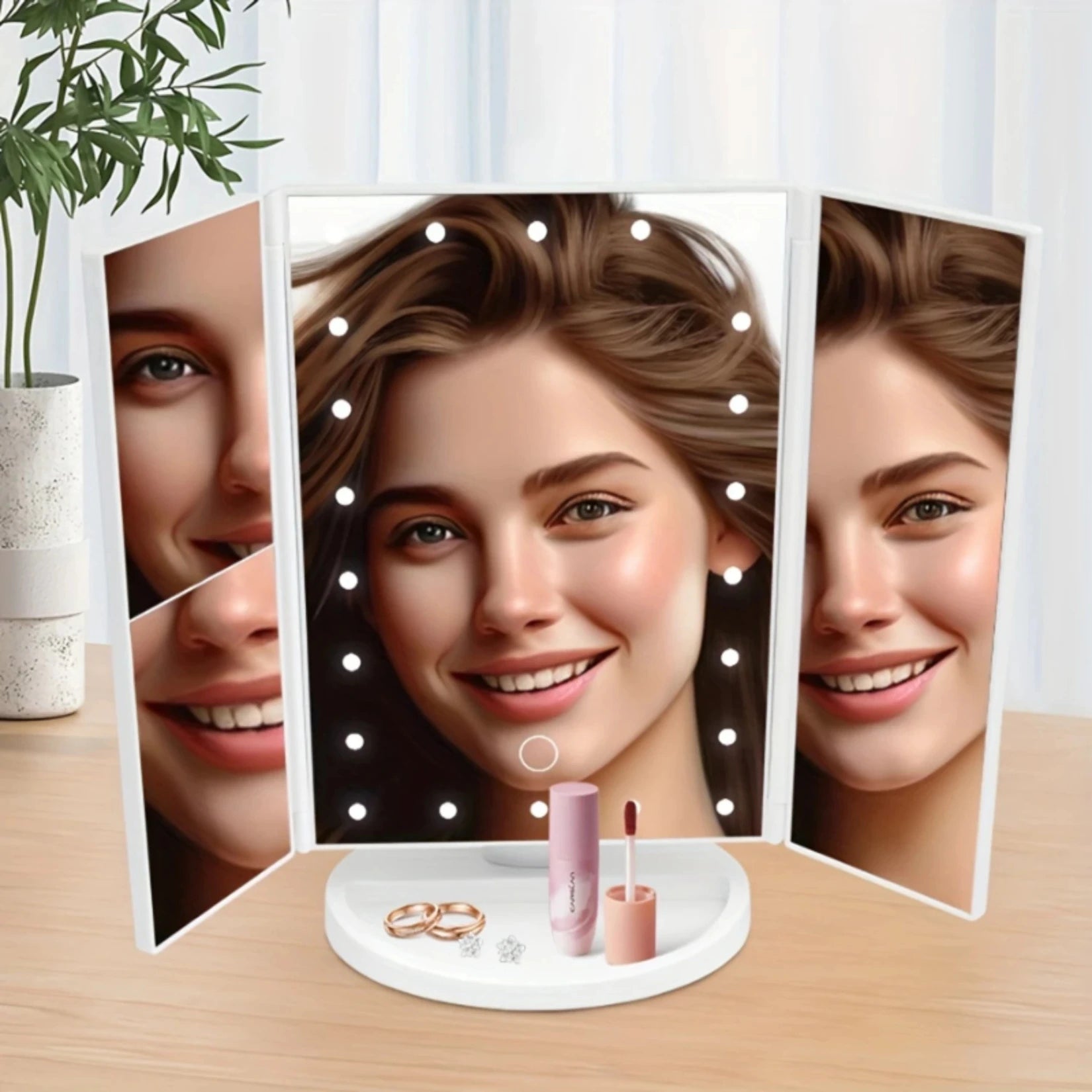 Miroir triptyque grossissant LED blanc pour maquillage lumineux.
