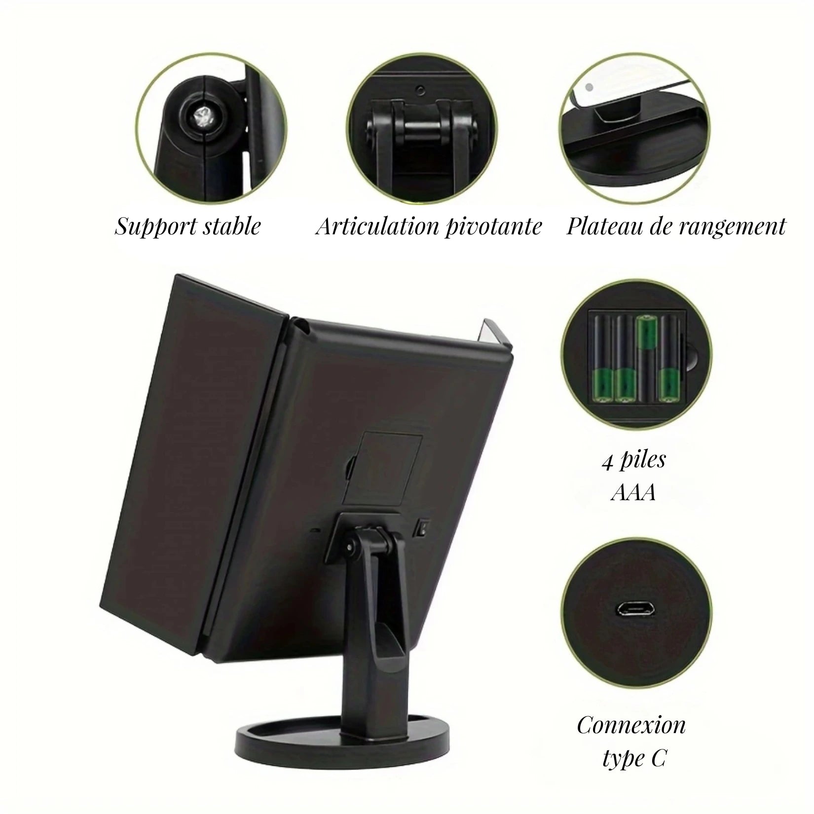 Détails du miroir triptyque grossissant avec support rotatif et plateau de rangement pratique.