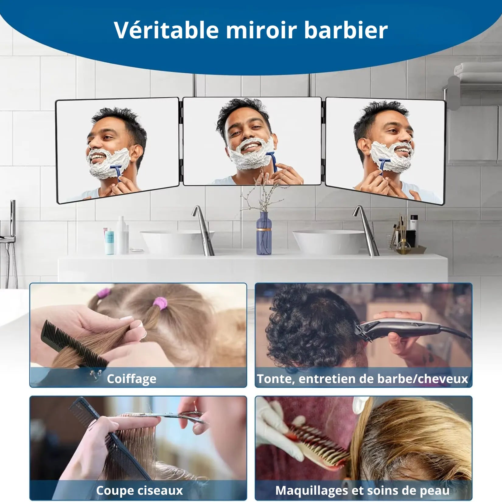 Miroir triptyque salle de bain barbier – coiffage rasage tonte vision 360°.