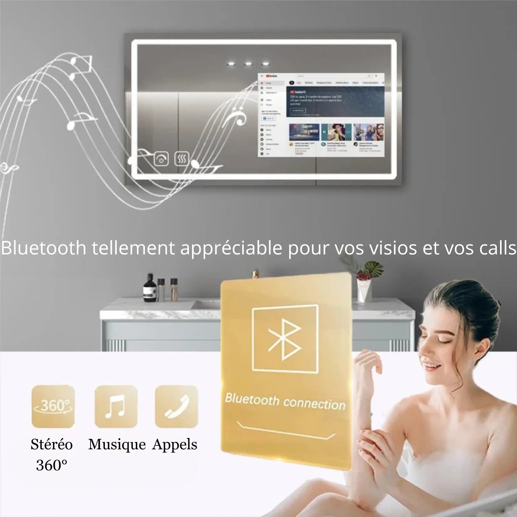 Miroir TV intelligent avec connexion Bluetooth, son stéréo 360°, musique et appels intégrés.