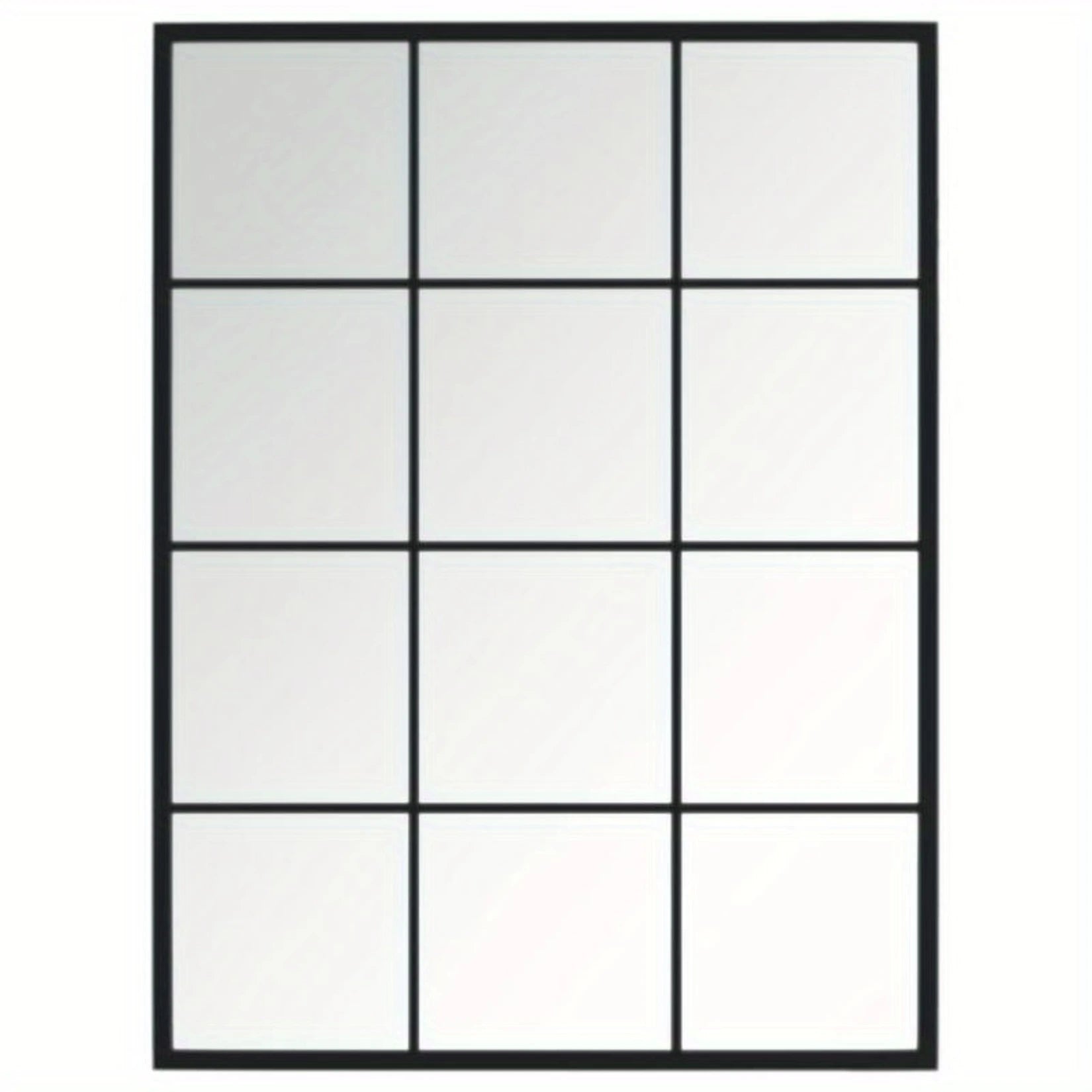 Miroir verrière industriel installé au mur, reflétant une fenêtre et un canapé cosy.