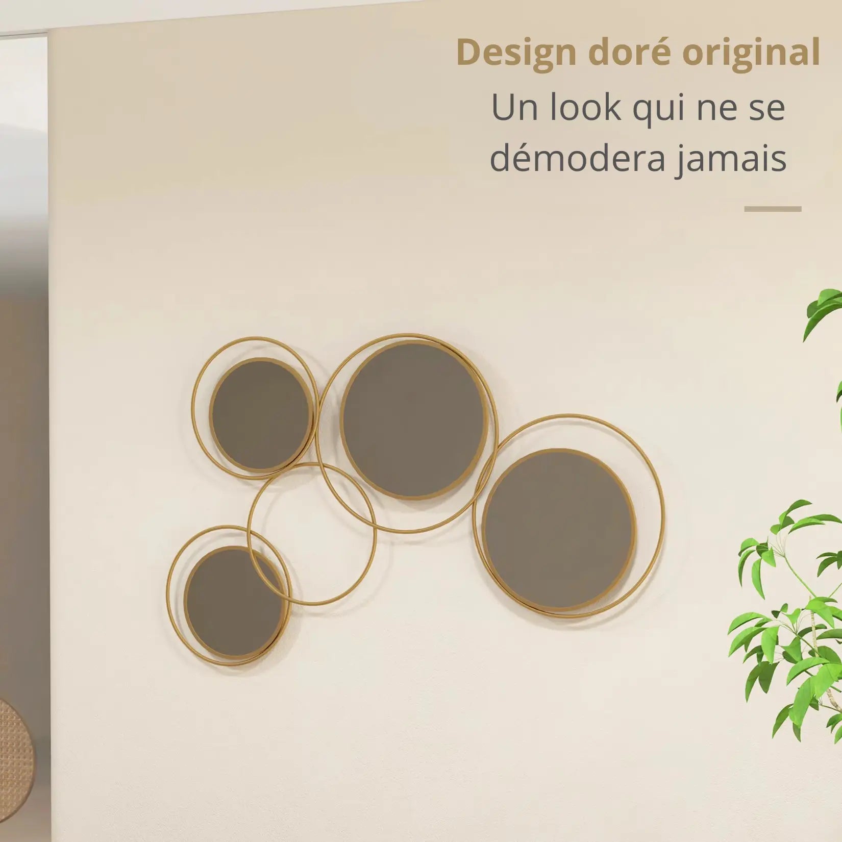 Miroirs ronds dorés décoratifs avec design mural contemporain original.