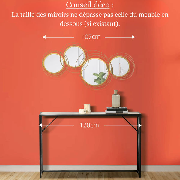 Conseil déco pour installer les miroirs ronds dorés entrelacés au-dessus d’un meuble de 120 cm.