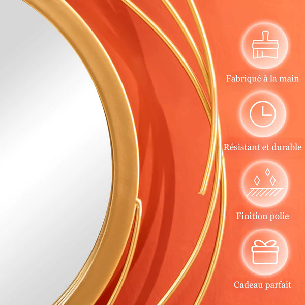 Zoom sur la finition dorée des miroirs ronds entrelacés – Peinture à la main et effet poli.