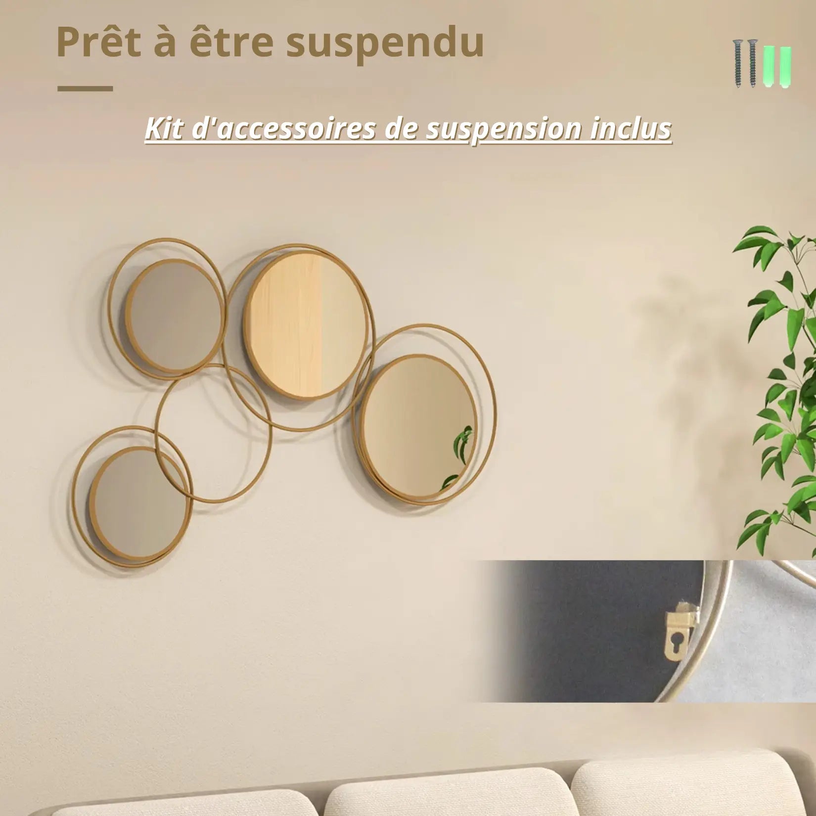 Ensemble de miroirs ronds dorés prêt à être suspendu avec kit de fixation inclus.