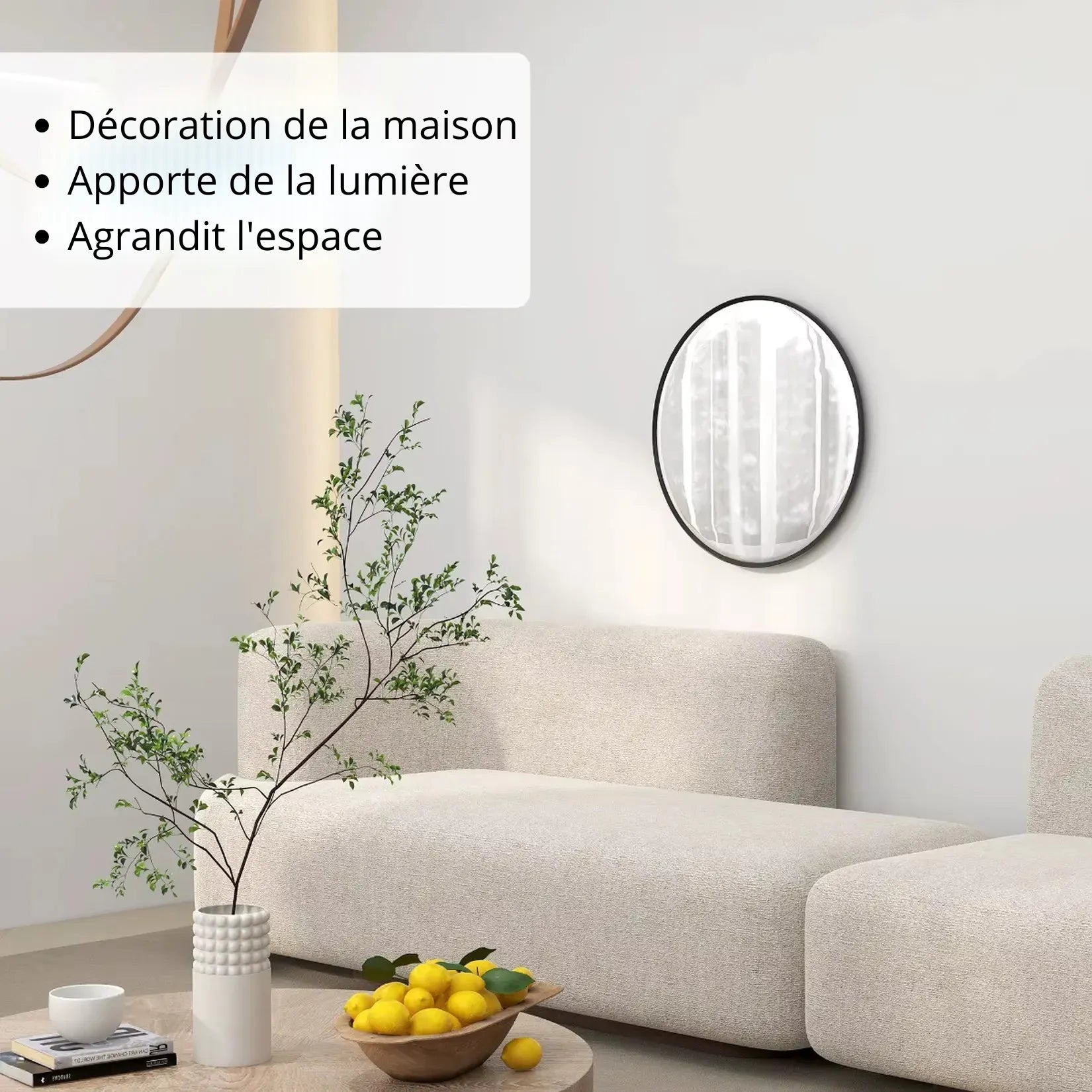 Miroirs ronds noirs en salon – Apporte lumière et espace.
