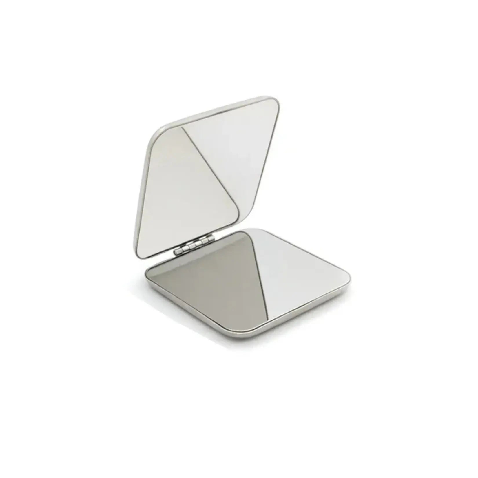 Petit miroir de poche en acier inoxydable ouvert, double face pour retouches précises en déplacement.