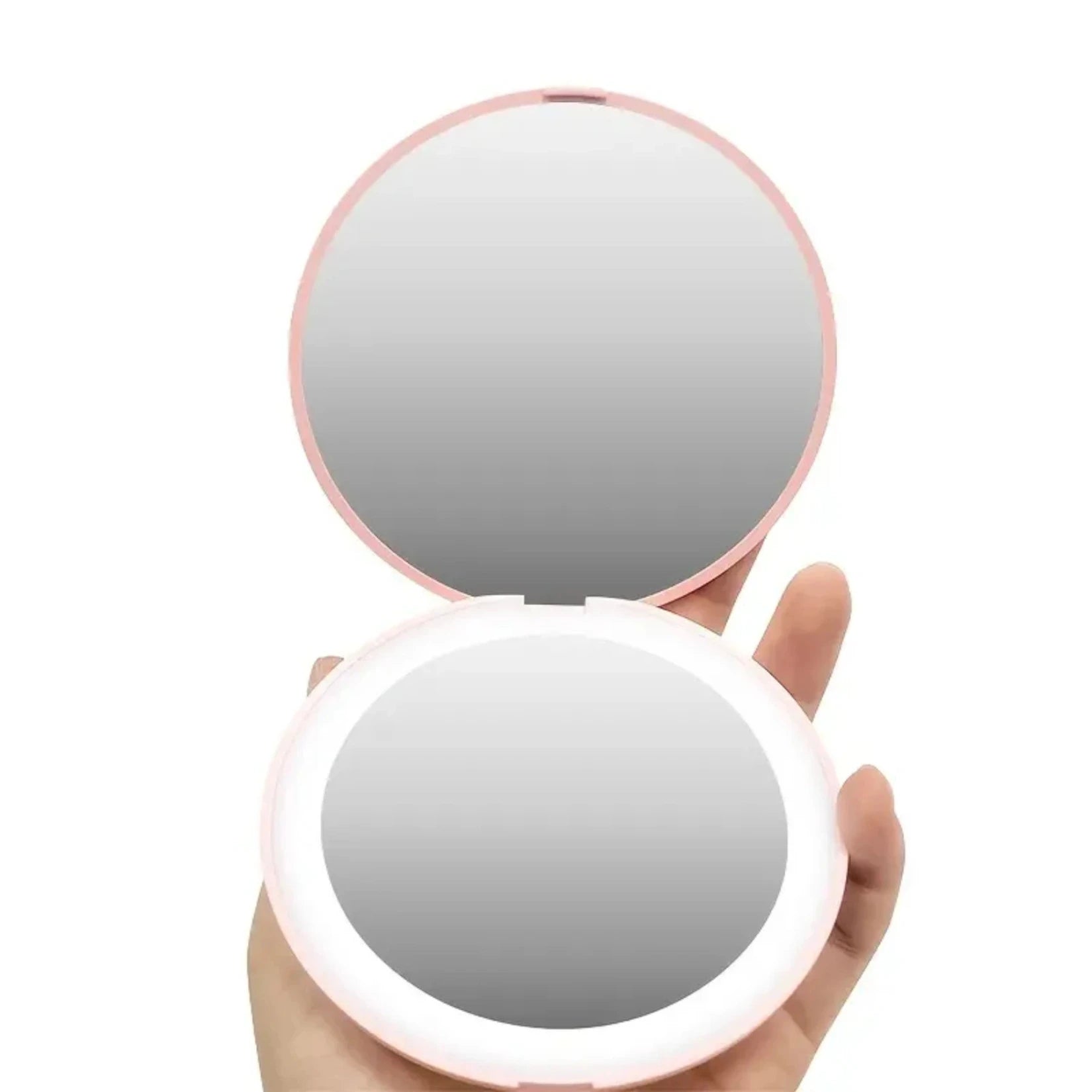 Petit miroir de poche éclairé par LED blanc naturel.