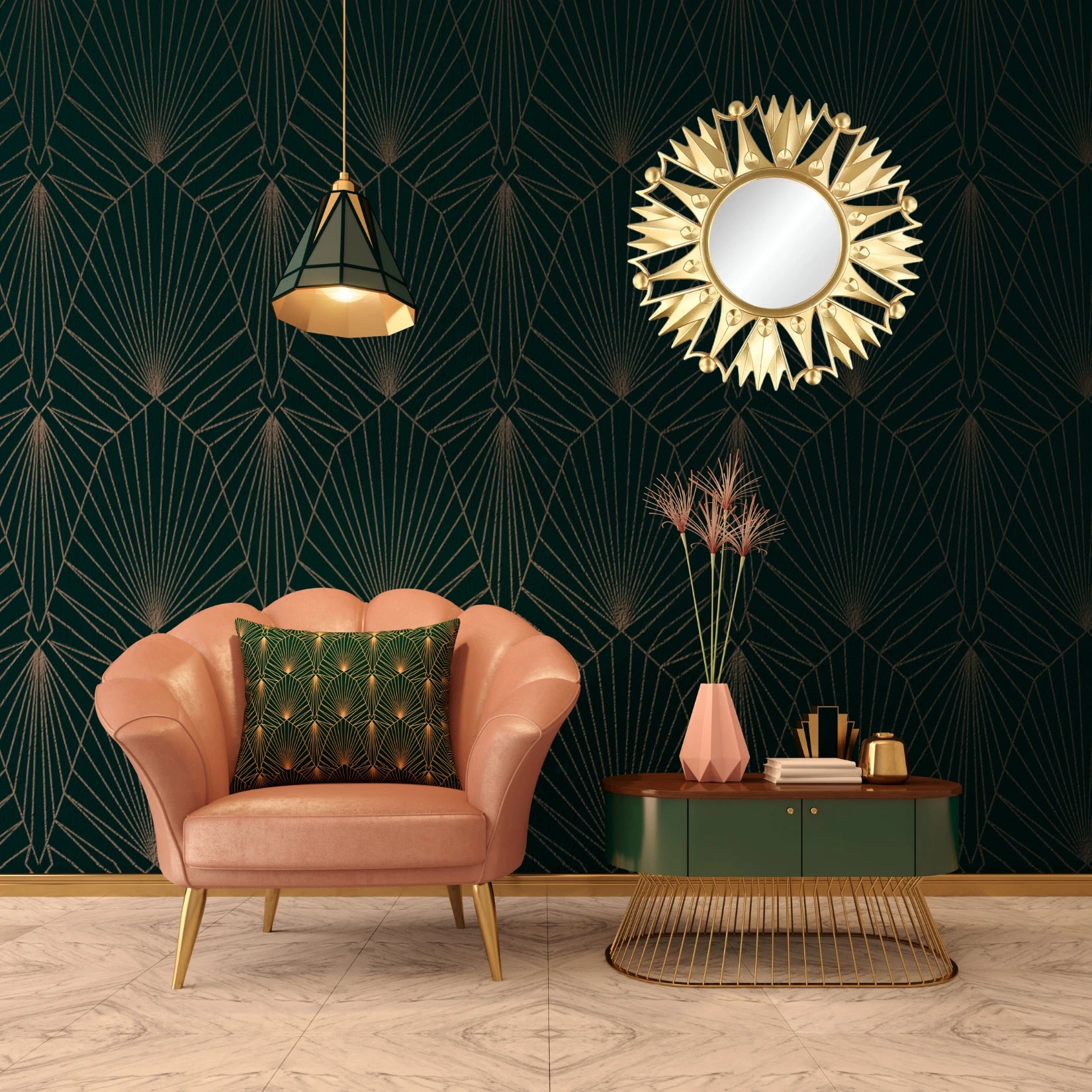 Petit miroir doré rond dans un salon au style art déco avec fauteuil rose et mur graphique vert.