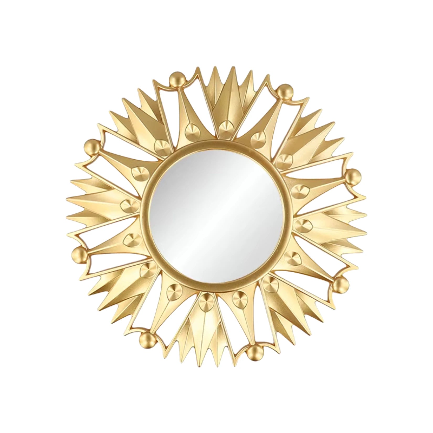 Petit miroir doré rond en vue isolée sur fond blanc, style soleil avec cadre en PVC doré.