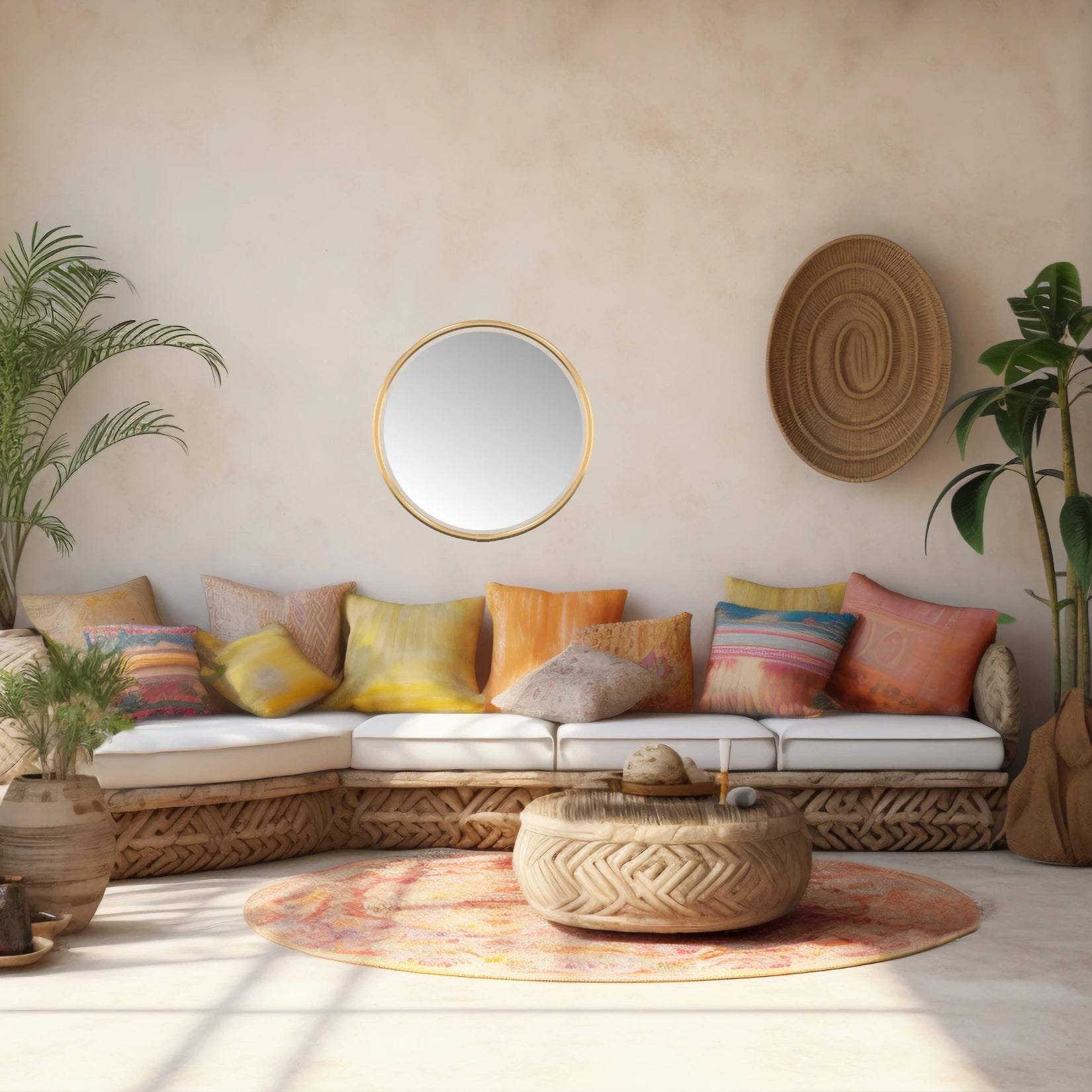 Petit Miroir Rond Doré 20 cm dans un Salon au Style Ethnique Chic.