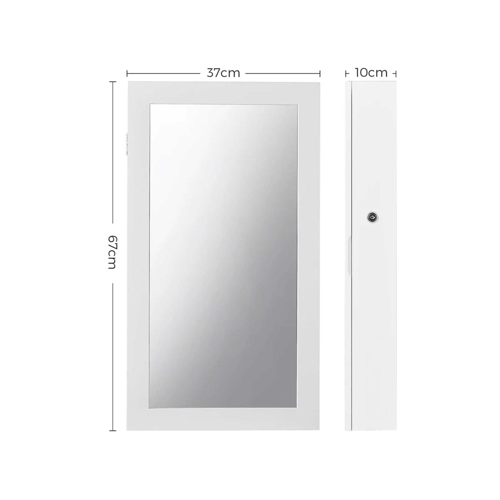Dimensions de la petite armoire à bijoux avec miroir blanche 67x37 cm – vue face et profil avec serrure visible.