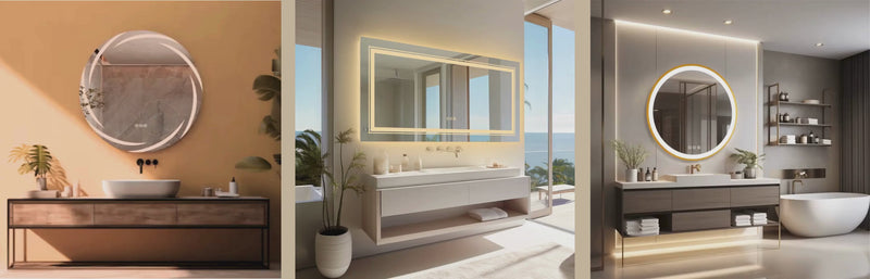 Miroir LED lumineux dans des salles de bain modernes aux tons chaleureux.