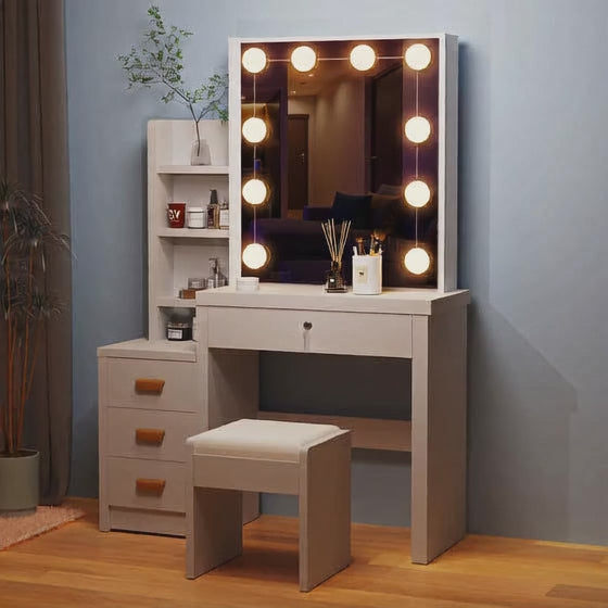 Illustration de l'éclairage LED ajustable du meuble miroir en trois modes : lumière froide, naturelle et chaude.
