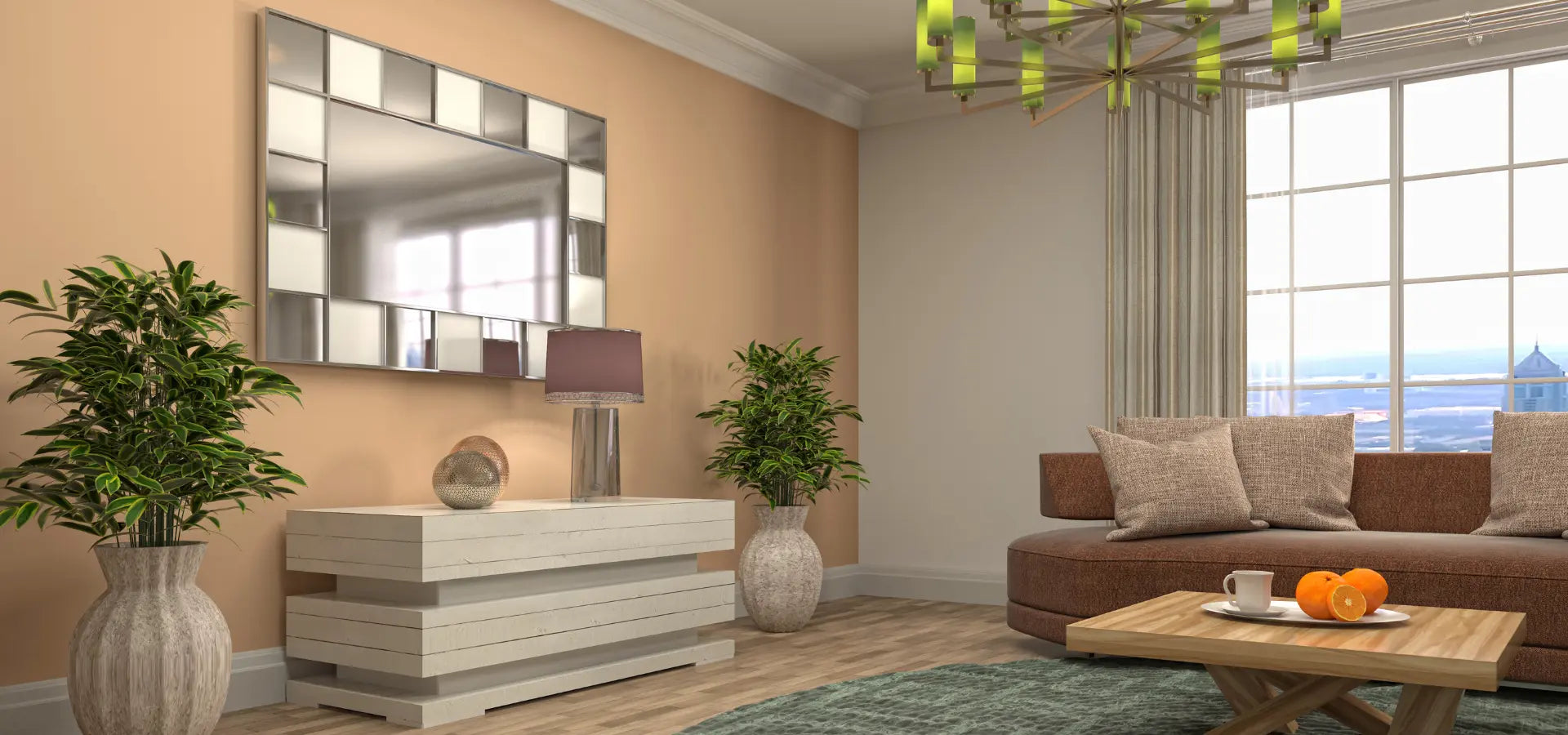 Salon moderne accueillant un miroir rectangulaire design.