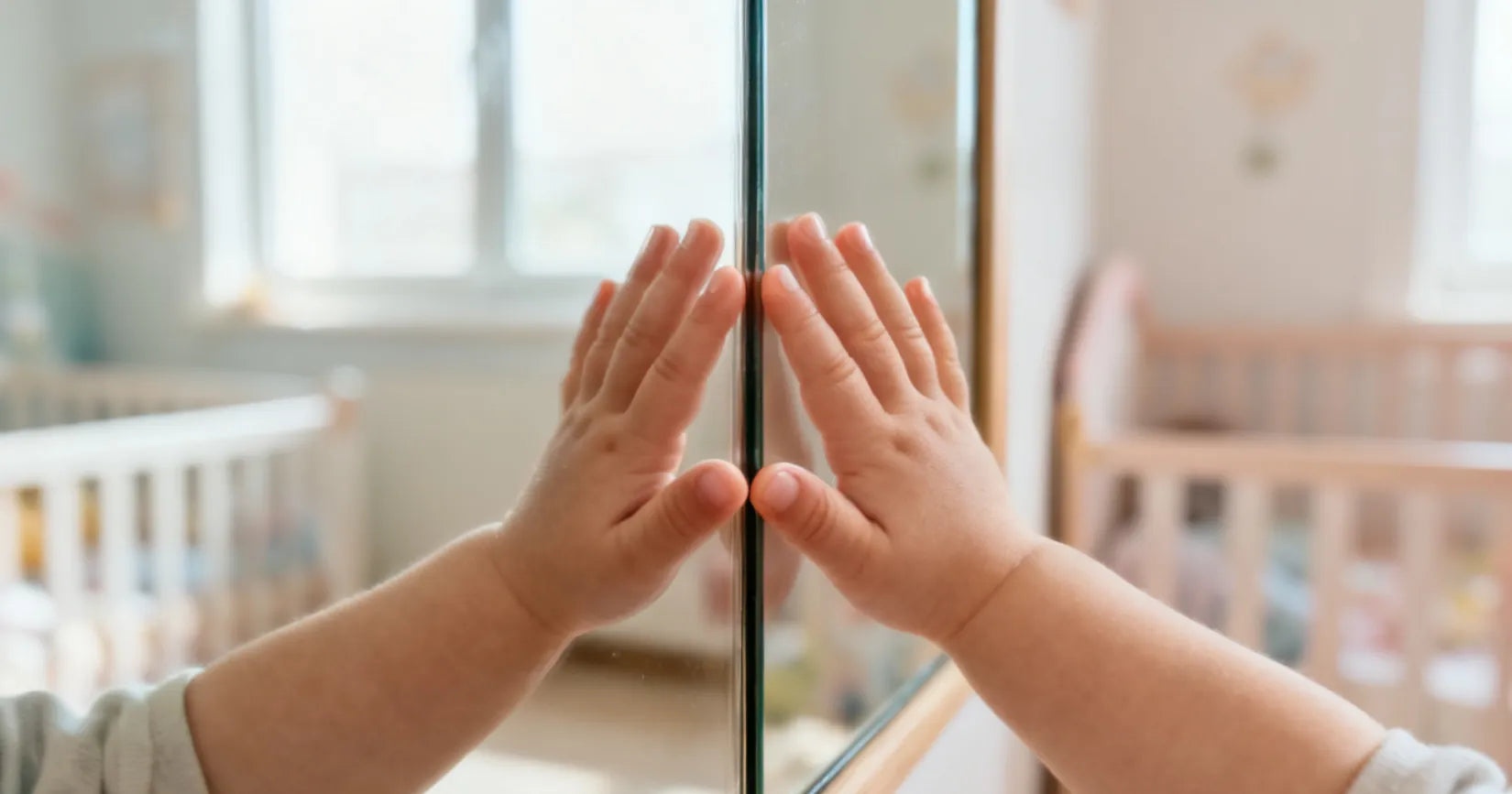 Hand eines Kleinkindes berührt sein Spiegelbild im Spiegel, Finger an Finger