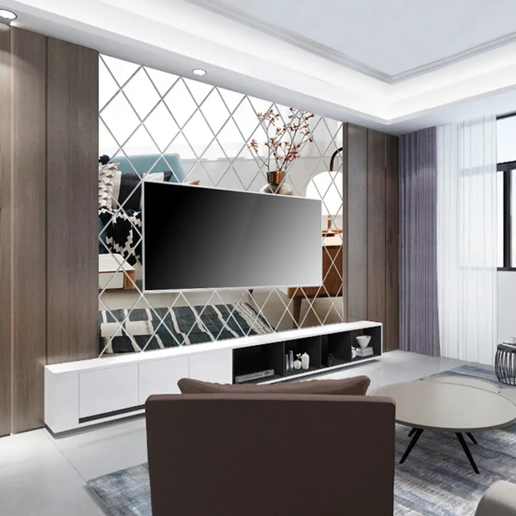 Stickers miroir losange mur TV salon contemporain.