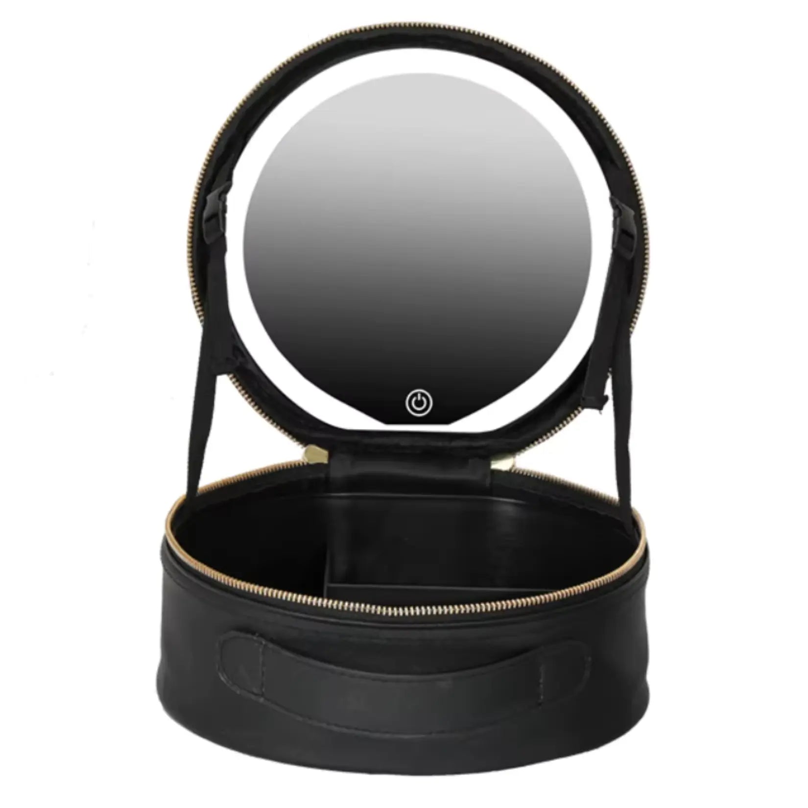 Trousse maquillage miroir LED entièrement ouverte avec support pivotant ajustable.