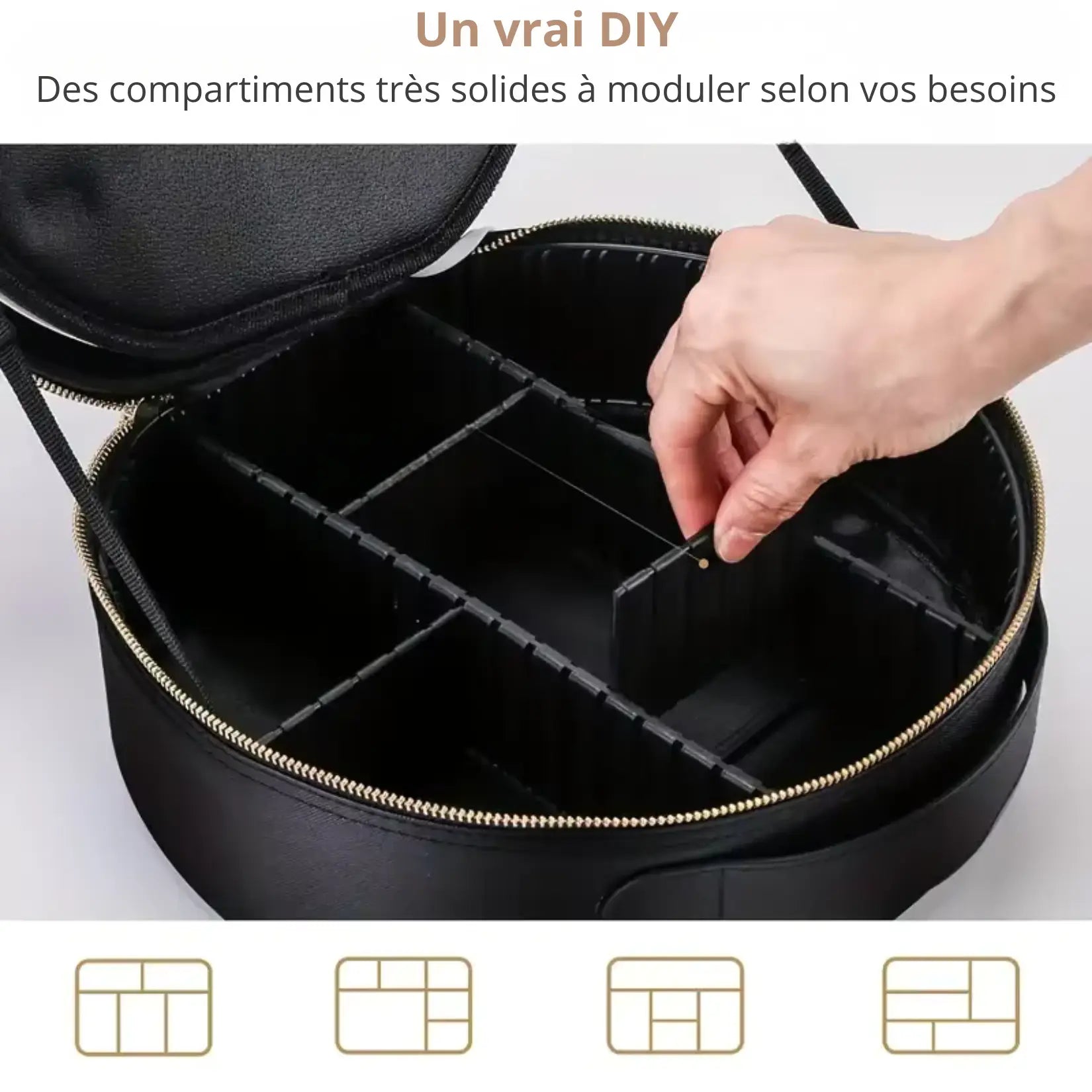 Compartiments modulables amovibles de la trousse maquillage avec miroir LED.