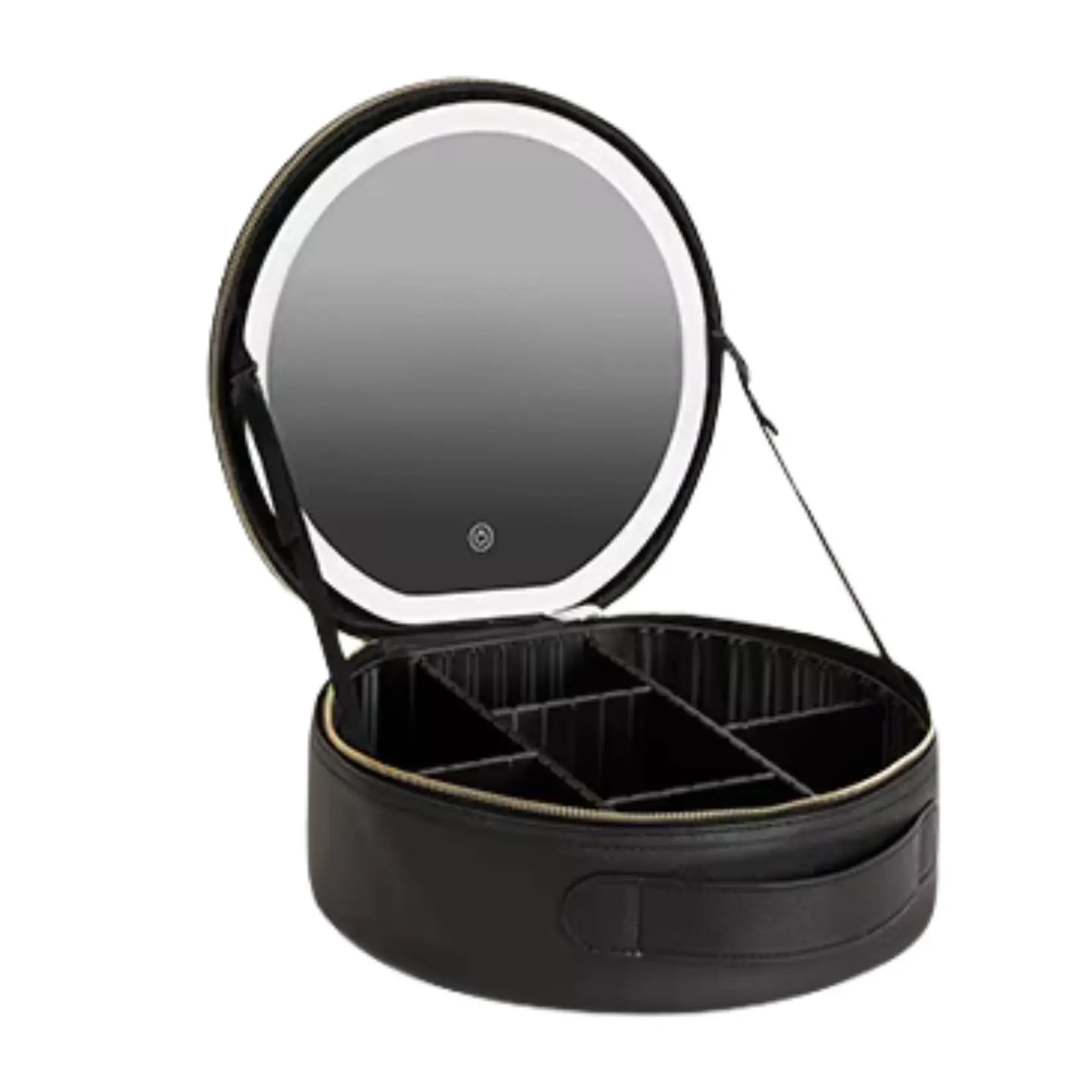 Trousse maquillage avec miroir LED circulaire et compartiments de rangement modulables.