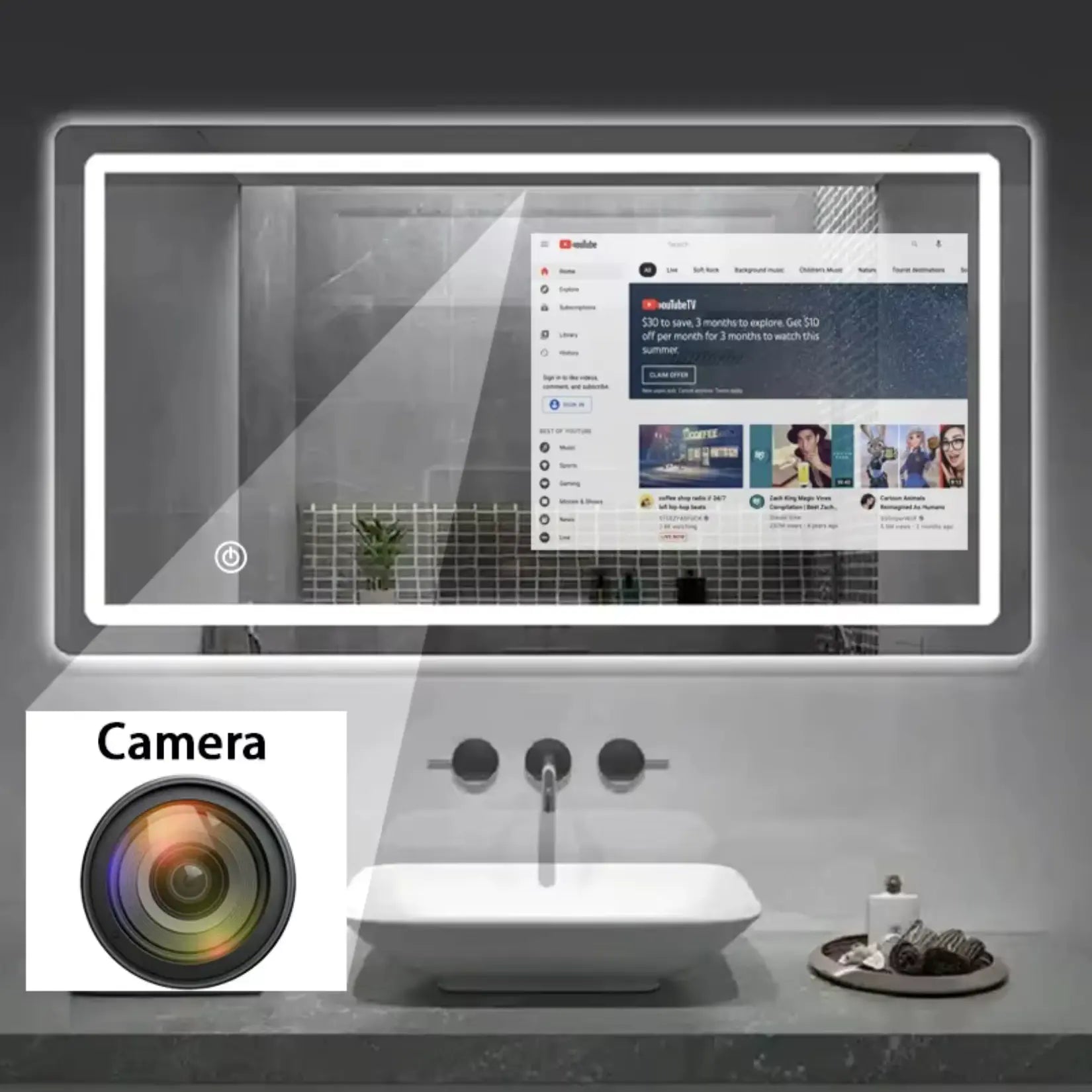 TV miroir avec caméra intégrée installé dans une salle de bain moderne.