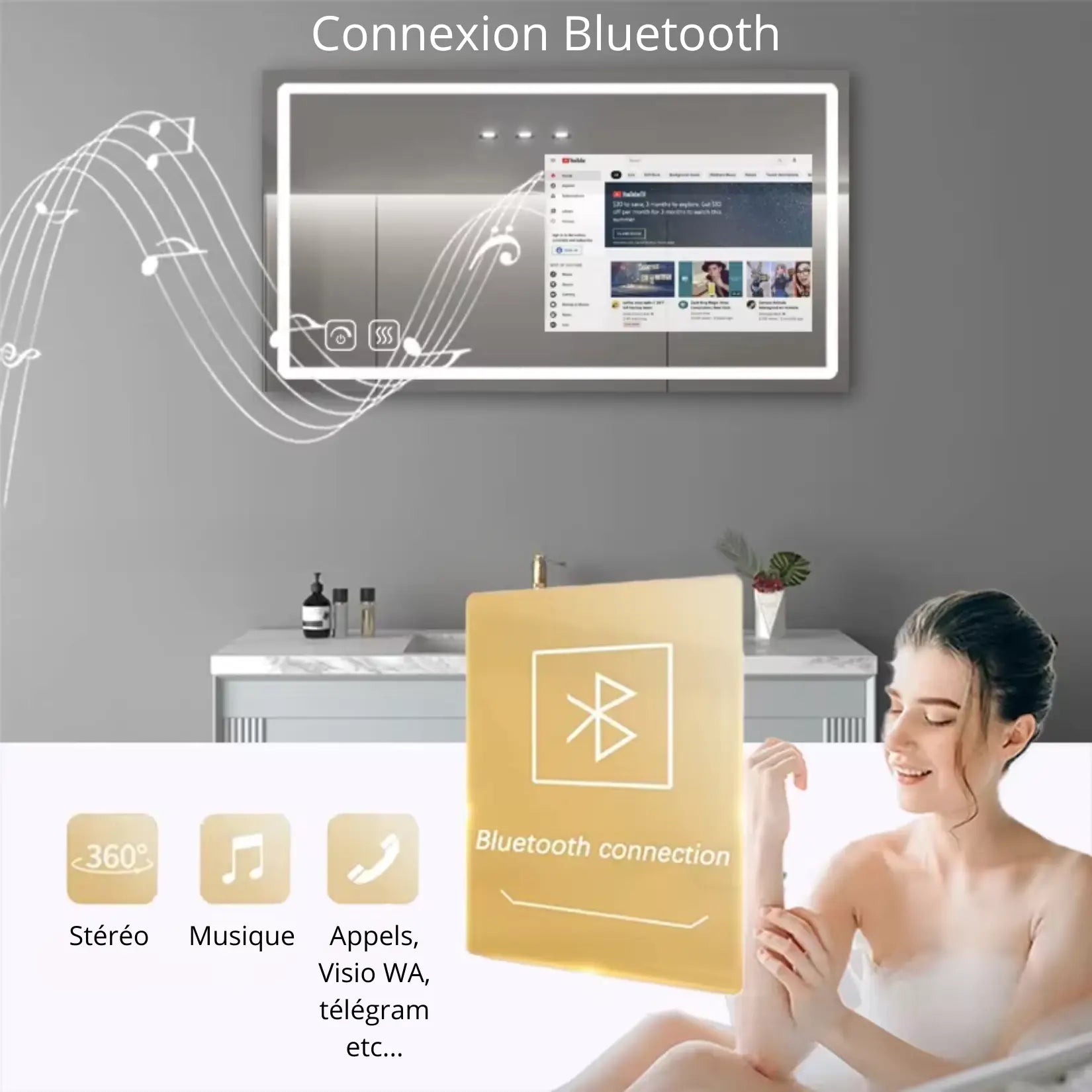 TV miroir connecté avec Bluetooth affiché dans une salle de bain avec musique.
