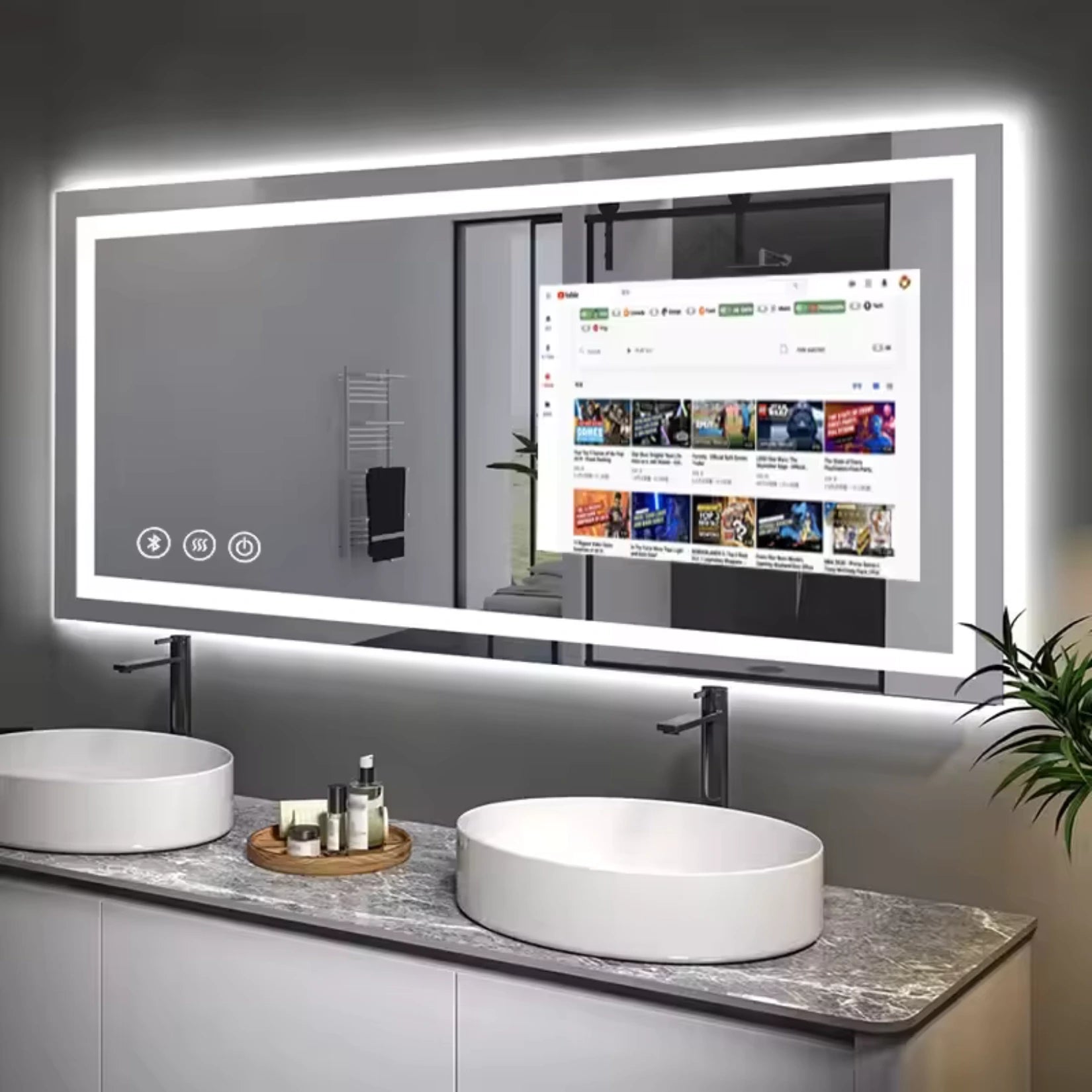 TV miroir salle de bain avec écran Android affichant YouTube.
