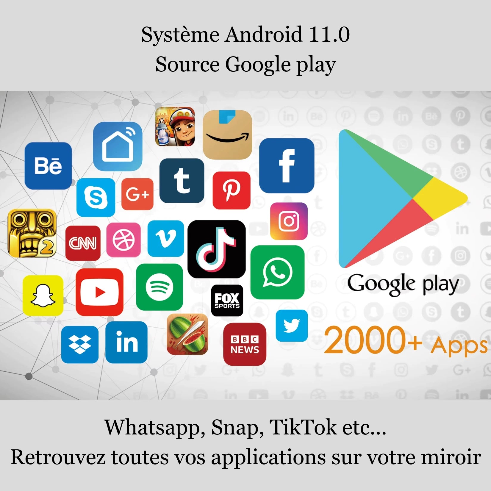 TV miroir salle de bain avec affichage des applications Android.