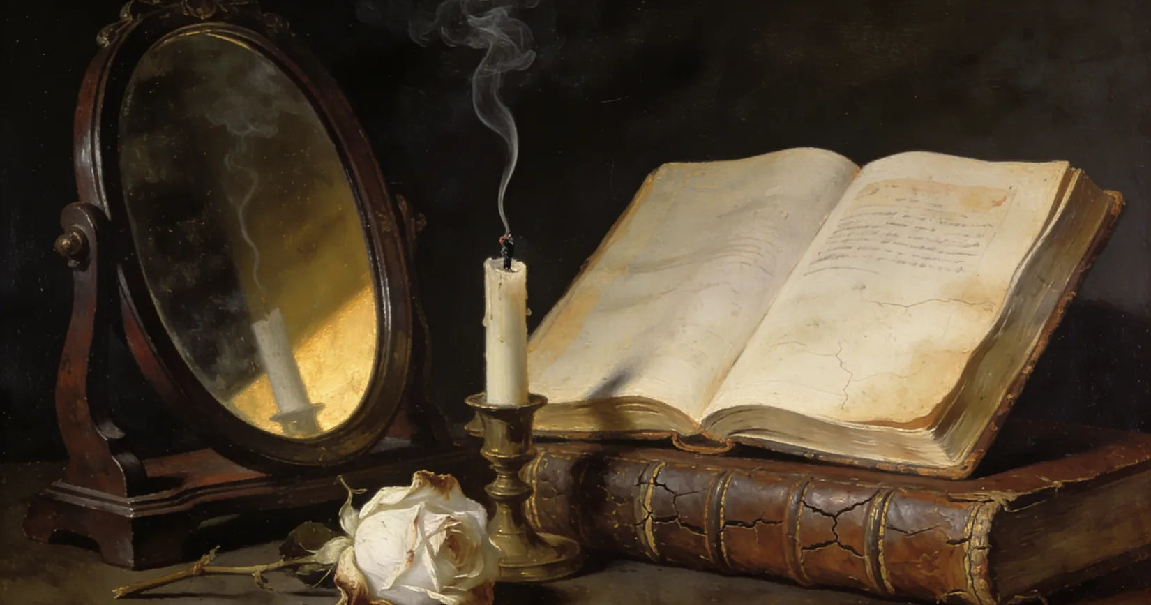 Vanitas-Stillleben: alter Spiegel spiegelt eine erloschene, rauchende Kerze, dazu aufgeschlagenes Buch und verwelkte Rose
